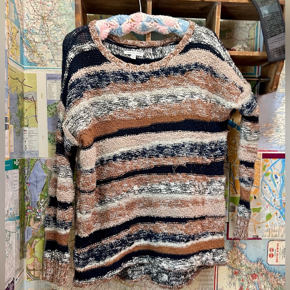 American Eagle Outfitters Navy and Tan Striped Sweater